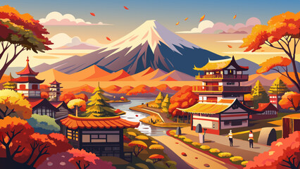 The ancient Oshino Hakkai village with Mt. Fuji in Autumn Season at Minamitsuru District, Yamanashi Prefecture, Japan.