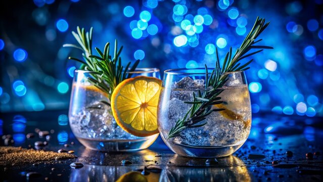 Long Exposure Gin Tonic Cocktail with Lemon and Rosemary - Stunning Blue Backlight, Refreshing Drink Photography, Perfect for Bars and Cocktails, Vibrant Nightlife Imagery