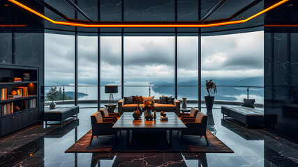 Luxury modern interior of room. Foggy cloudy mountain  and lake view from panoramic windows of elegant apartment. Luxurious living room marble floor sofa lights. Amazing home design. AI generated art
