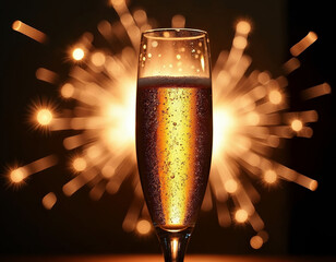 close up of a glass of champagne with a firework display in the background