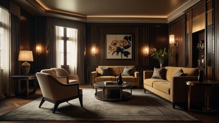 A luxuriously furnished living room with dark wood paneling, a large window, and a plush sofa and armchairs.