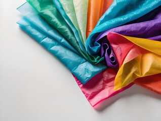 A minimalist arrangement of layered tissue paper in various colors, with slight wrinkles and transparency, set on a white background