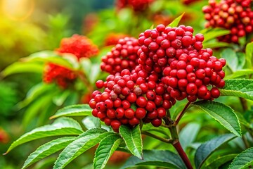 Obraz premium Lush Red Elderberry Plant (Sambucus racemosa) in Vibrant Garden Setting with High Depth of Field - Nature Beauty, Botanical Garden, Floral Photography, Greenery