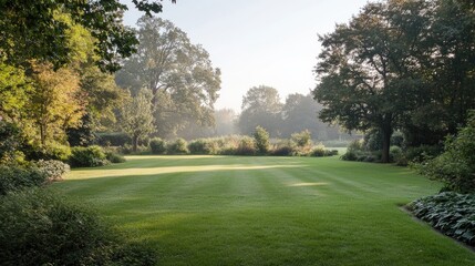 Serene Morning in Lush Green Park Landscape