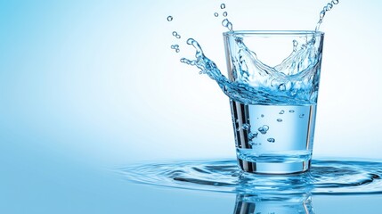 Splashing Water in a Clear Glass on Blue Background