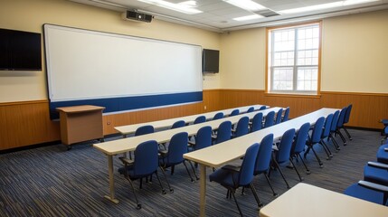 Modern Classroom Setup with Blue Chairs and Projector