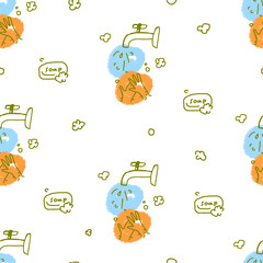 Seamless pattern with tap, hands and soap. Washing hands with soap and water. Doodle vector illustration. Childish naive art style