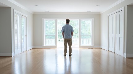 A solitary figure contemplates life in an empty room bathed in natural light reflecting on change and identity