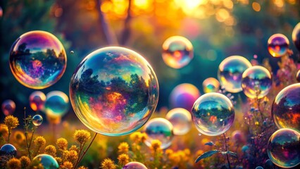 Mesmerizing Double Exposure of Colorful Soap Bubbles with Blurred Background for Stunning Wallpaper and Artistic Decor