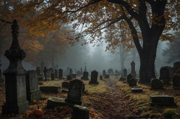 Old overgrown graveyard with weathered tombstones in a foggy autumn setting.