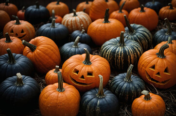 Group of Halloween pumpkins with carved faces on hay bales and wooden crates in an outdoor autumn setting.