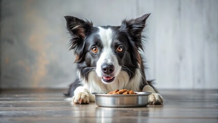 Fototapeta premium Minimalist Border Collie Enjoying Dry Food in a Bowl – Pet Photography, Dog Eating, Minimalist Style, Border Collie, Dry Dog Food, Canine Nutrition, Simple Background, Pet Care, Animal Behavior