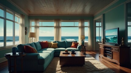 Naklejka premium A modern living room with large windows overlooking the ocean.