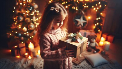 Girl holding a gift box in cozy Christmas interior with decorated tree and lights. Holiday atmosphere with warm candlelight