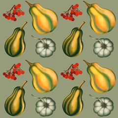 Seamless pattern with yellow and green pumpkins and berries and light green background