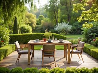 Obraz premium Minimalist Garden Table with Nature Blur - Serene Outdoor Dining Experience Surrounded by Lush Greenery, Soft Focus Enhancing Tranquility and Simplicity in Nature