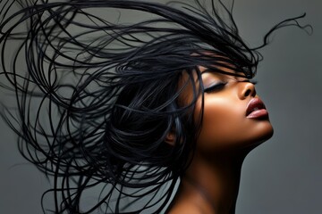 Elegant woman with flowing hair striking a dramatic pose in a soft-lit studio setting during a fashion shoot
