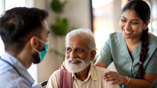 An Indian volunteer assisting elderly people in a community center.
