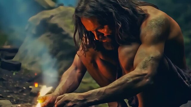 Video recreation of a prehistoric man making fire	
