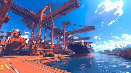 Industrial port with cranes and cargo ship.