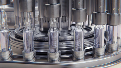 Drug manufacturing process. Line with medical ampoules line at a modern pharmaceutical plant. Pharmacology production, medicine industry from laboratory factory, pharmacy. Healthcare pharma 3D render