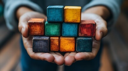 Person holding digital blocks symbolizing building of a business with elements like design marketing and branding highlighting the creative foundation of innovative entrepreneurial ventures