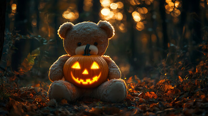 Obraz premium A plush teddy bear sitting in a dark, moody forest, holding a glowing pumpkin. The dim lighting and Halloween theme