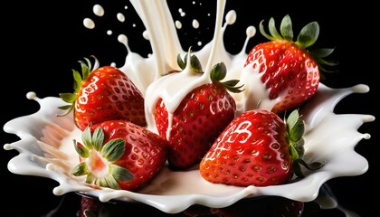Fresh strawberries splashing in cream with milk droplets against a black background