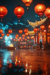 Fototapeta premium A beautiful temple at night during Chinese New Year, illuminated by hundreds of red lanterns,