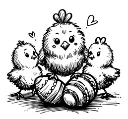 line art of easter basket with eggs and chick coloring page black vector