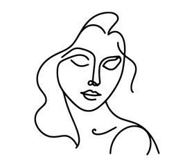 minimalist line art depiction of a woman’s face, emphasizing beauty and grace in a simple form black vector