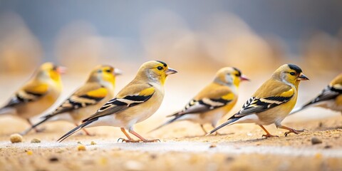 Fototapeta premium Minimalist Photography of Multiple Goldfinches foraging in Sand, Nature's Beauty, Tranquil Scene, Birdwatching, Serene Landscape, Wildlife, Natural Habitat, Elegant Composition