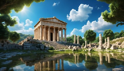 Ancient Greek temple reflected in water under blue sky with fluffy clouds and green trees