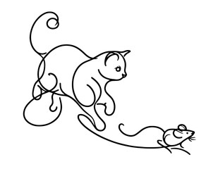 minimalist monoline line art of a cat and mouse in playful interaction black vector