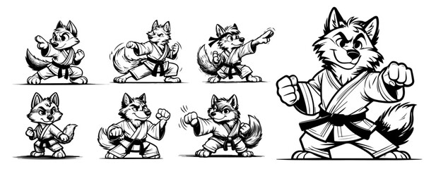 set of animals in karate outfits for coloring cartoon style black vector