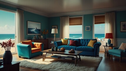 Fototapeta premium A living room with a view of the ocean. The room is decorated in a mid-century modern style with a blue sofa and a coffee table.