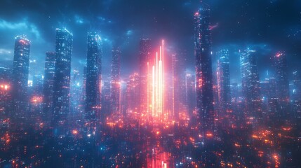 Fototapeta premium Futuristic city skyline featuring rising bar graph representing business growth strategic market positioning and success in a fastpaced competitive environment