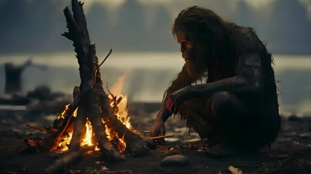 Video recreation of a prehistoric man together a bonfire