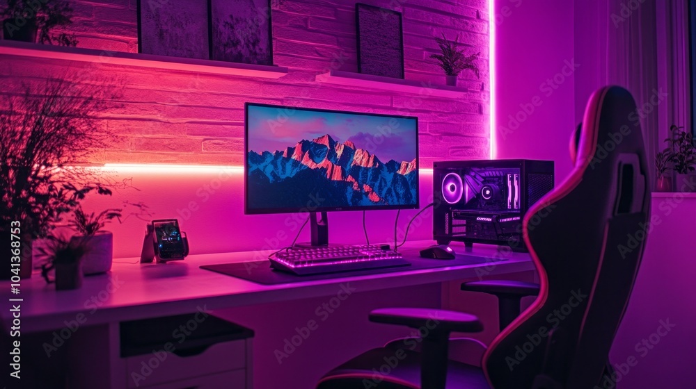 Poster A computer desk with a monitor, keyboard, and mouse