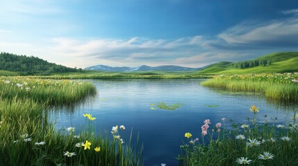 Obraz premium Serene Lake Surrounded by Lush Greenery and Flowers