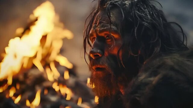 Video recreation of a prehistoric man staring together a bonfire