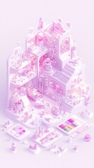 Obraz premium A 3D illustration of a pink city with buildings, stairs, and plants, surrounded by various digital devices.