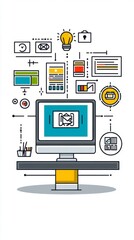 A computer monitor on a desk surrounded by various icons representing different digital tools and processes, symbolizing the concept of online work or digital marketing.