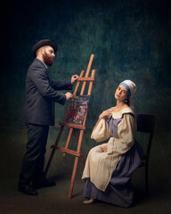 Man in a suit painting elegant woman in period attire against vintage green background. Van Gogh...