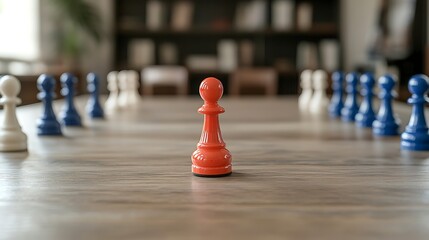 Strategic moves in chess the journey of a red pawn surrounded by blue and white allies in a competitive game