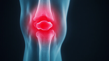 Illustration of a human knee joint highlighting pain areas with a red glow, showcasing anatomical structure and potential injury signs.