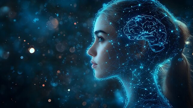 A futuristic woman's side profile with her brain shown as glowing circuitry, symbolizing Brain Derived Neurotrophic Factor enhancing cognitive power through technology
