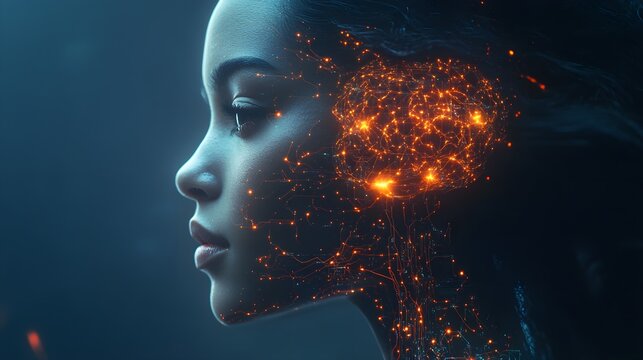 A futuristic woman's side profile with her brain shown as glowing circuitry, symbolizing Brain Derived Neurotrophic Factor enhancing cognitive power through technology