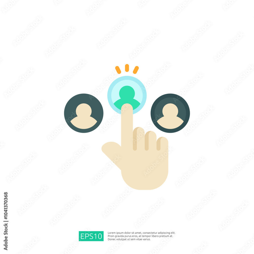 Poster the image depicts a hand pressing on a user icon, suggesting selection or interaction with user prof