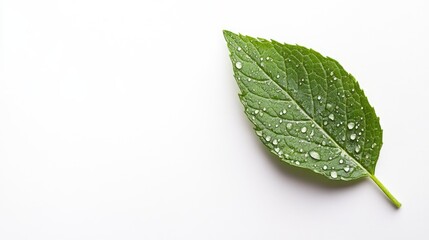 Obraz premium Fresh Green Leaf with Water Drops on White Background